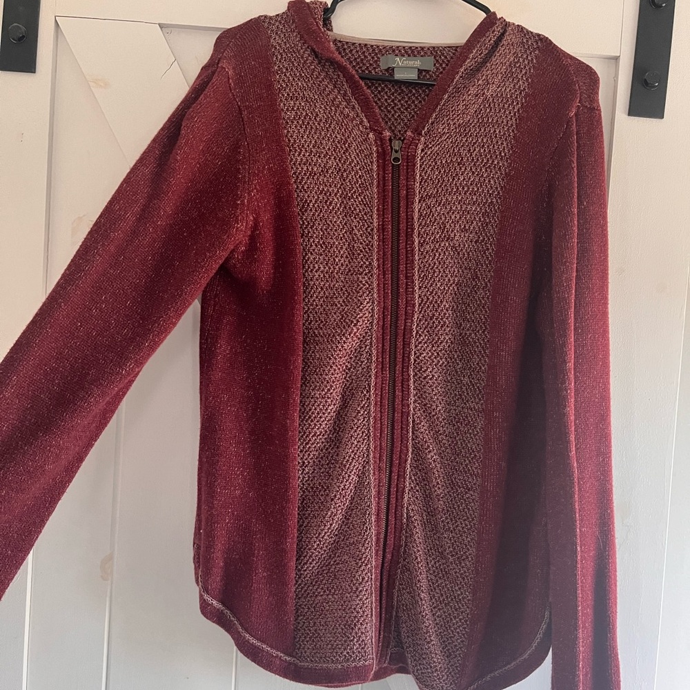 Dark red zip-up hooded cardigan
